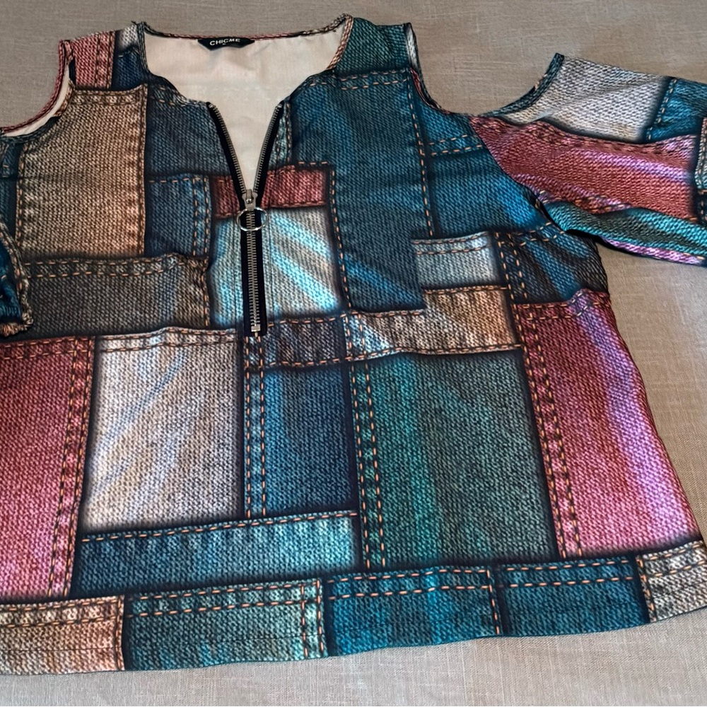 Chicme Colorful Patchwork Cold Shoulder Top extra large